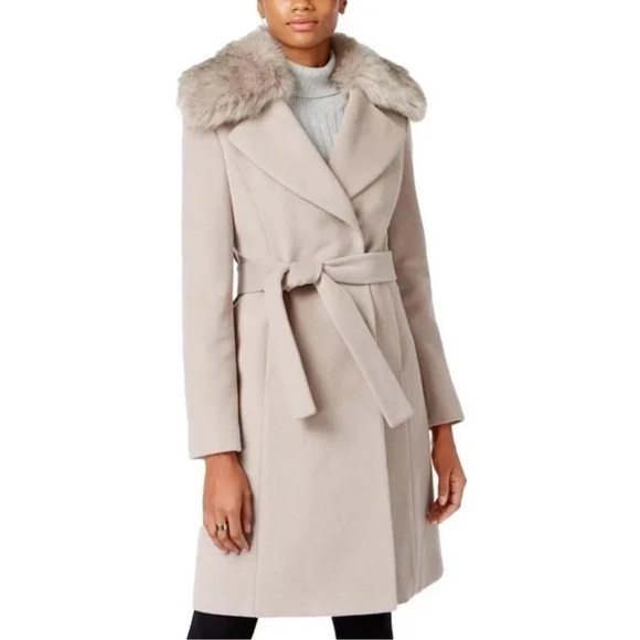 NWT T. Tahari Women's XL Fiona Wrap Belted Wool Blend Coat Detachable Faux Fur
